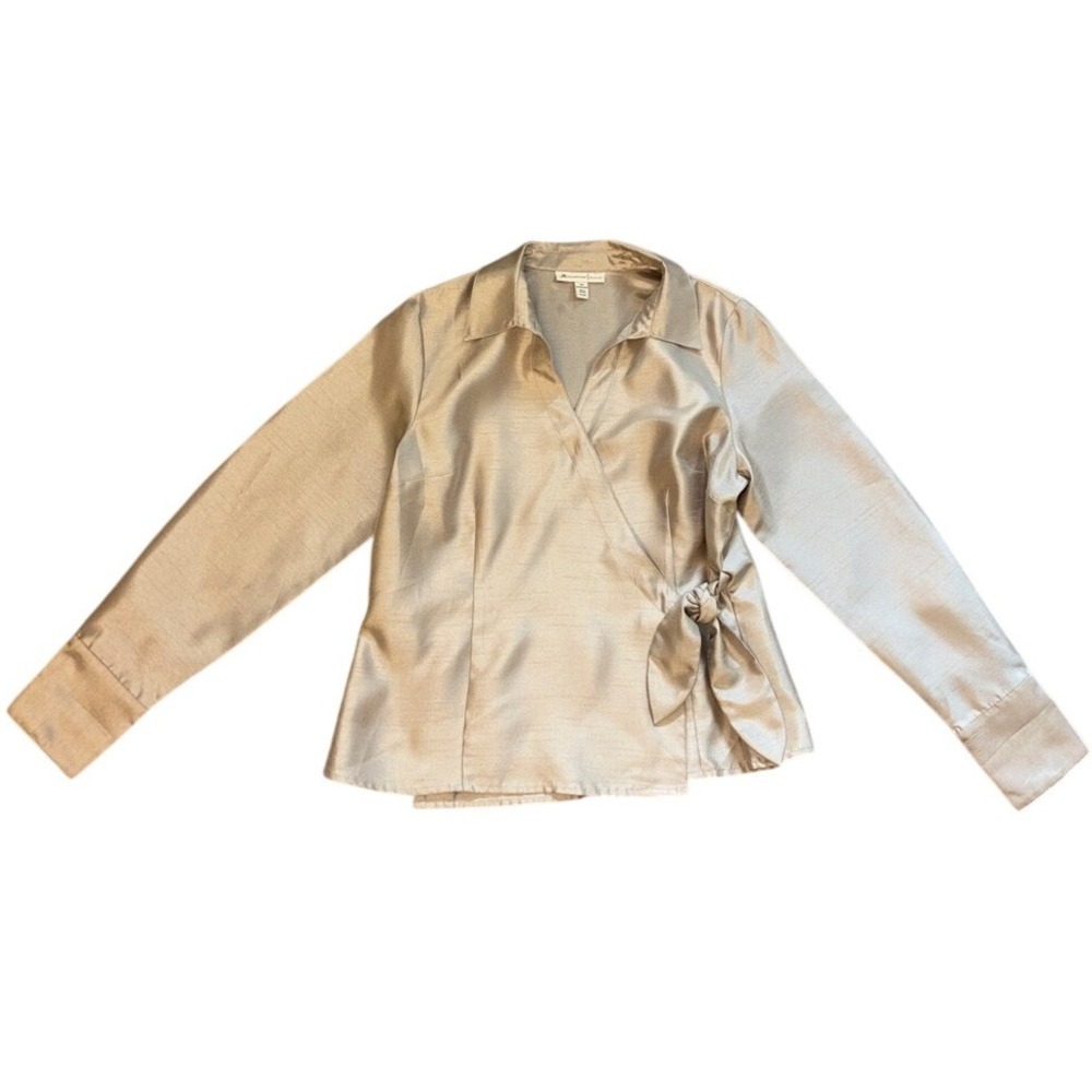 Women's Satin Side-Tie Wrap Blouse in Champagne Taupe VTG holiday beige 14 XL
